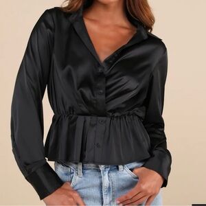 Lulus Considered Sophistication Black Satin Long Sleeve Collared Top Size XS NWT
